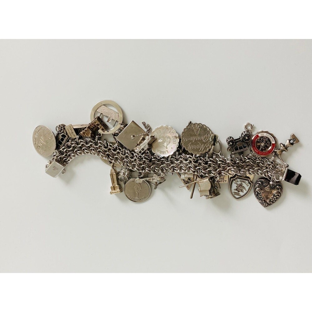 112g Super heavy vintage sterling silver charm bracelet 7.5"
